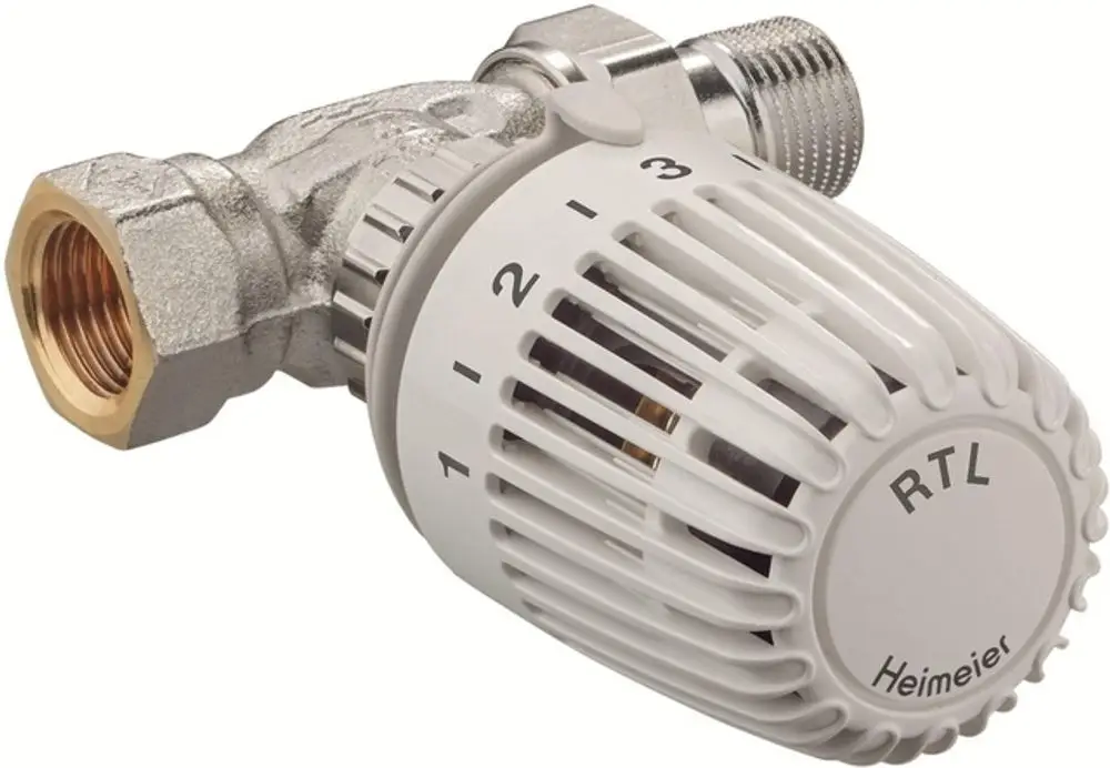 Rücklauftemperaturbegrenzer mit Außengewinde, montierbar an Heizkörpern. Das Produkt stammt von IMI Hydronic Engineering und dient zur Regelung der Wassertemperatur.